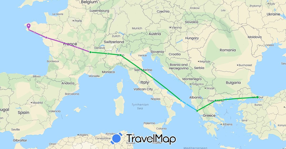 TravelMap itinerary: driving, bus, train, boat in France, Greece, Italy, Turkey (Asia, Europe)